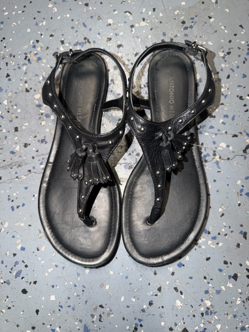 ANTONIO MELANI Black Leather Tassel T-Strap Sandals